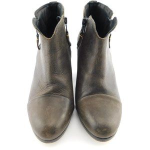 RAG & BONE Brown Waxed Leather Double Zipper Cap Toe Block Heel Booties 37.5